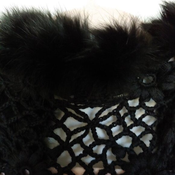 Ruby Cho Black Floral Knitted Faux Fur Sweater Sequin Open Front Romantic XL - Picture 14 of 16